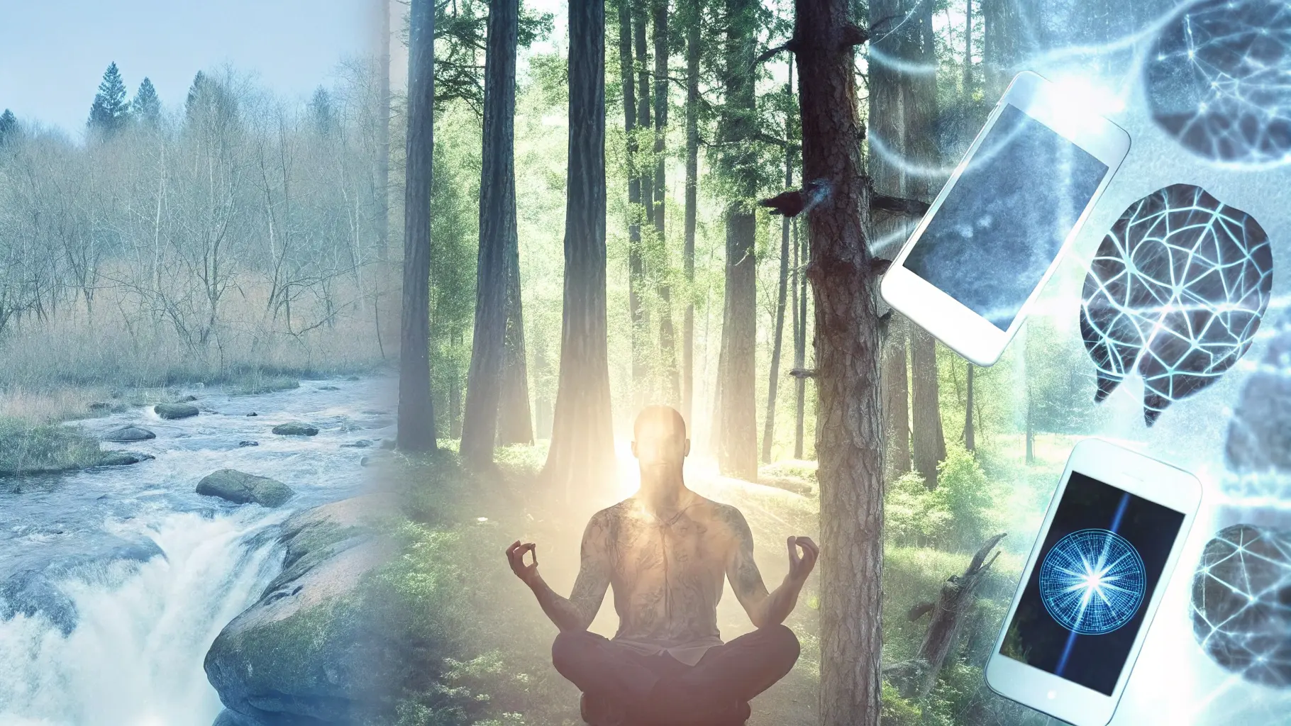 Illustration showing a person harmonizing ancient brain instincts with digital age technology in a peaceful setting"
