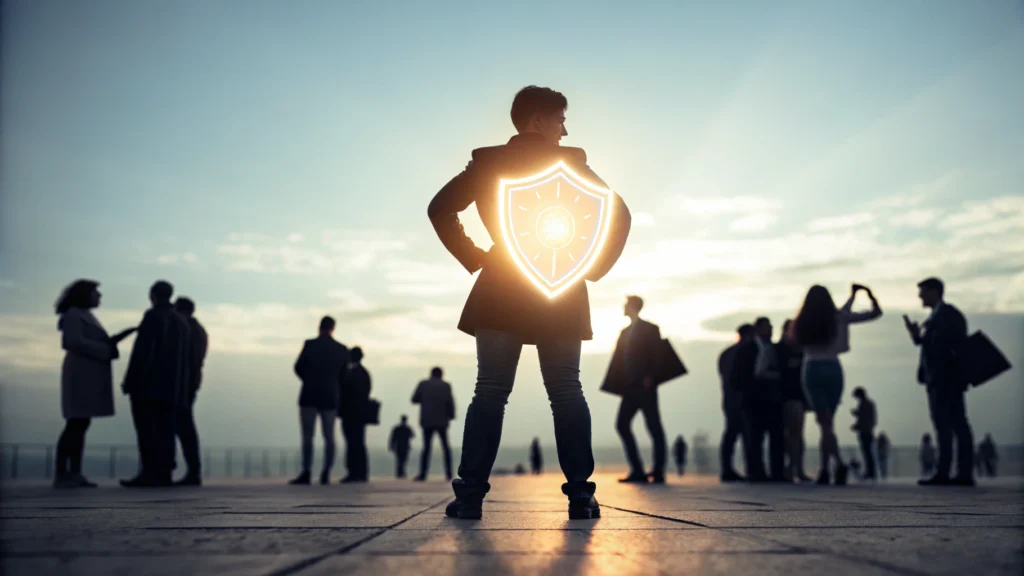 Illustration of a person protecting their energy from approval-seeking behaviors and unnecessary social pressure