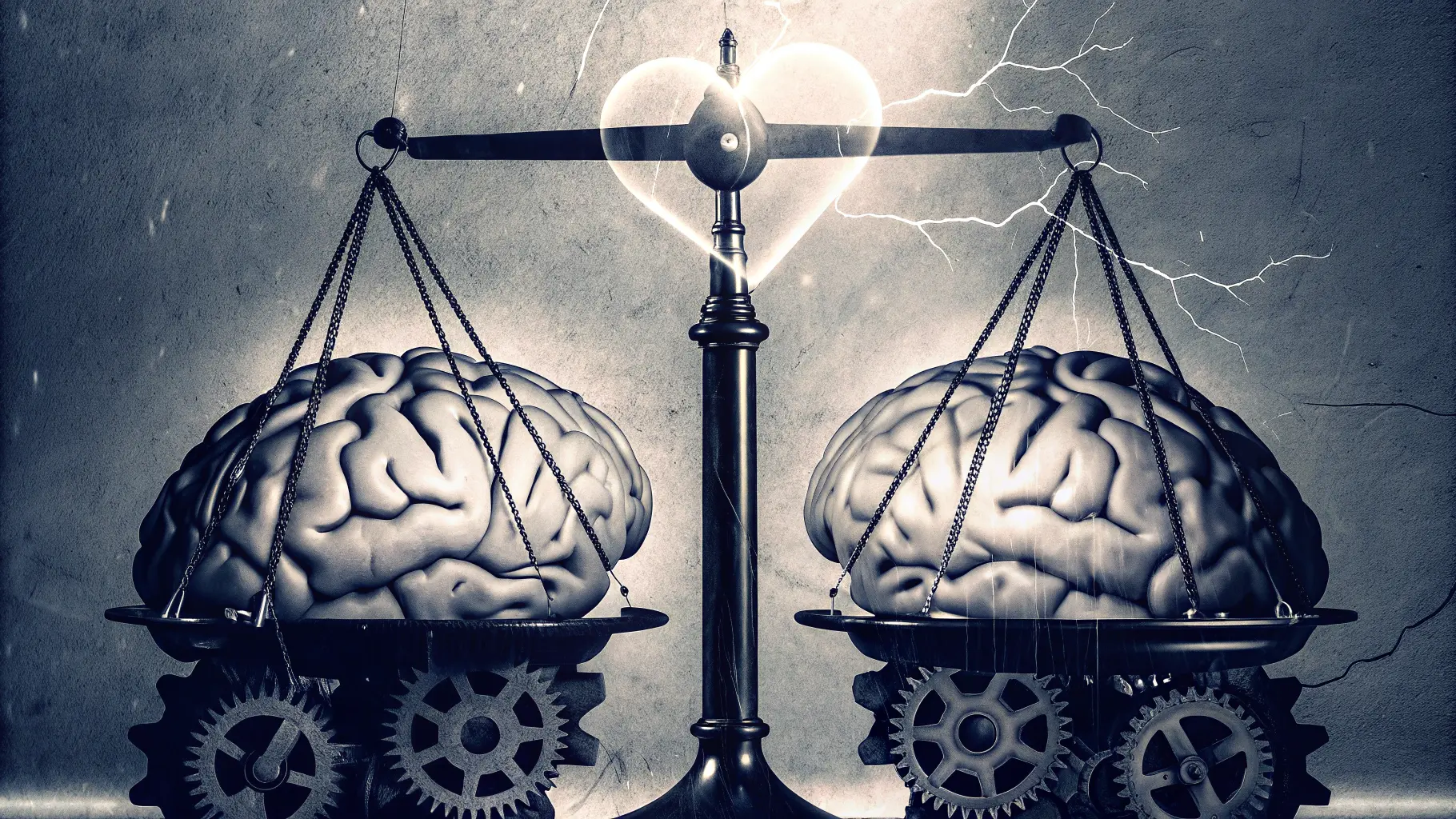 "Illustration showing neural tug-of-war between emotion and reason in the brain during contradictory decision-making"