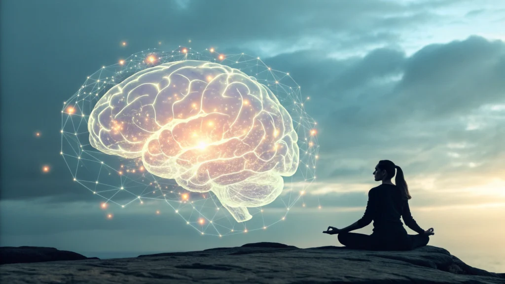 Neurobiological illustration showing brain areas involved in self-awareness and mindfulness meditation