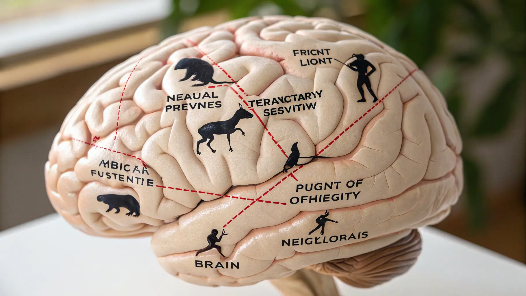 Illustration of the human brain influenced by primitive animal instincts affecting daily reactions and behaviors