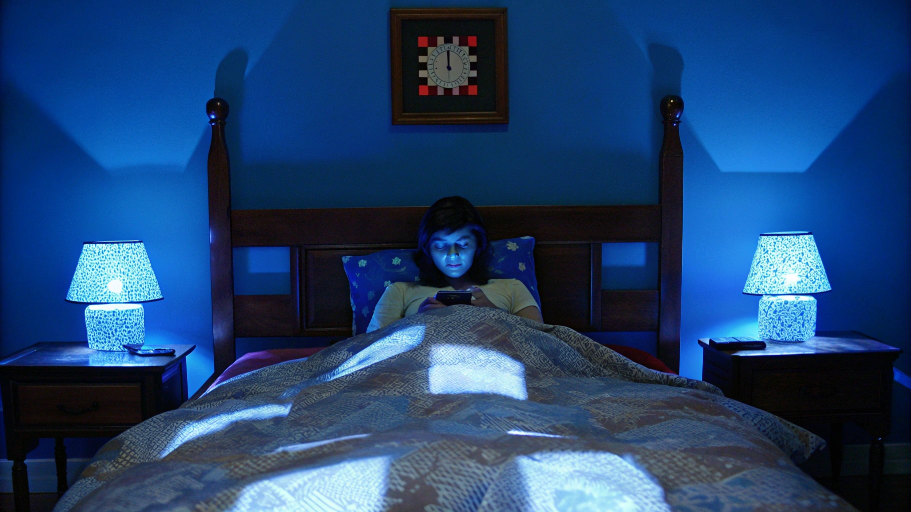 Illustration of sleeplessness caused by blue light exposure at night and disruption of the body's natural circadian rhythm