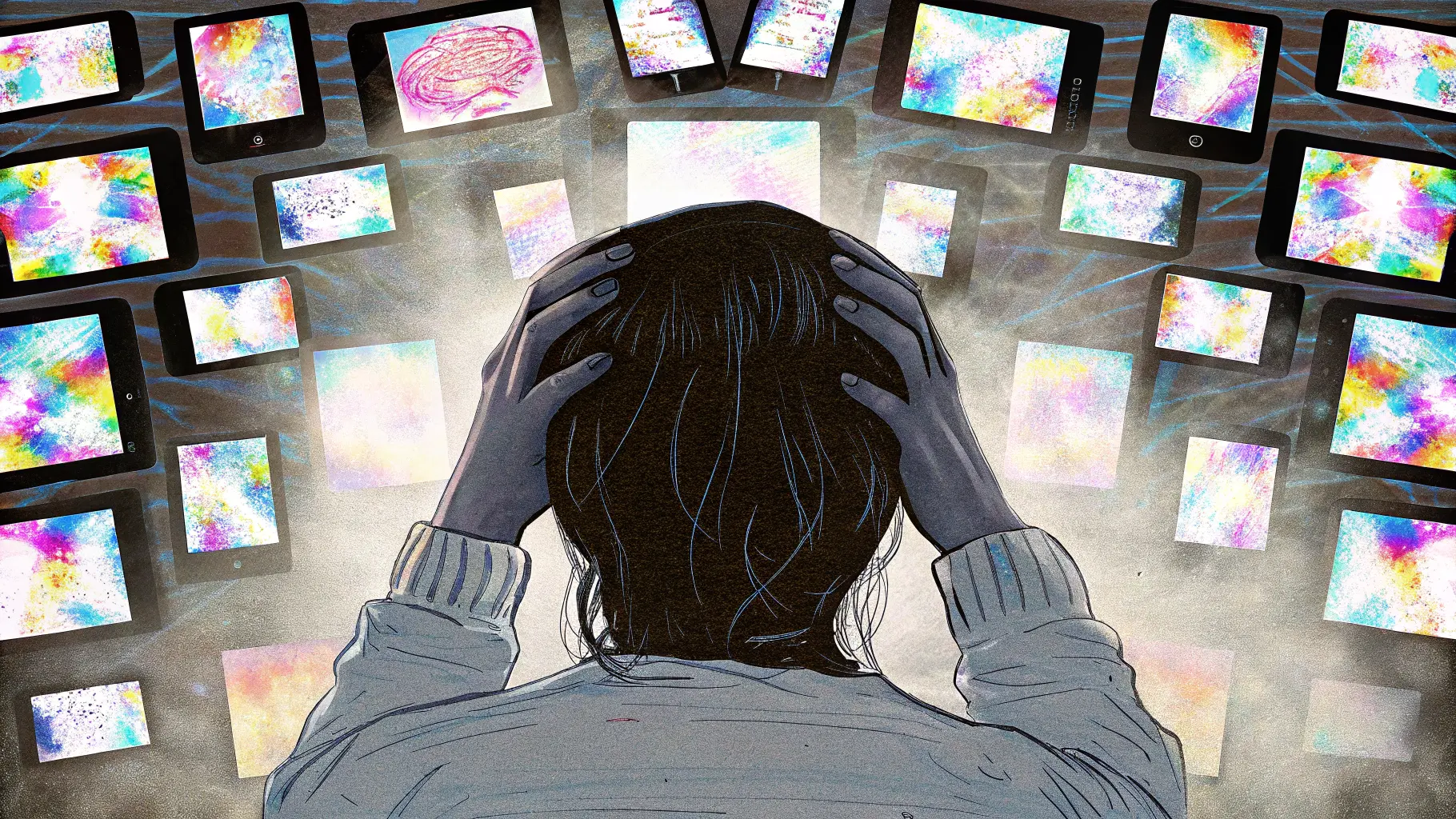 "Illustration of digital overstimulation causing disruption in the primal brain's natural balance and functions