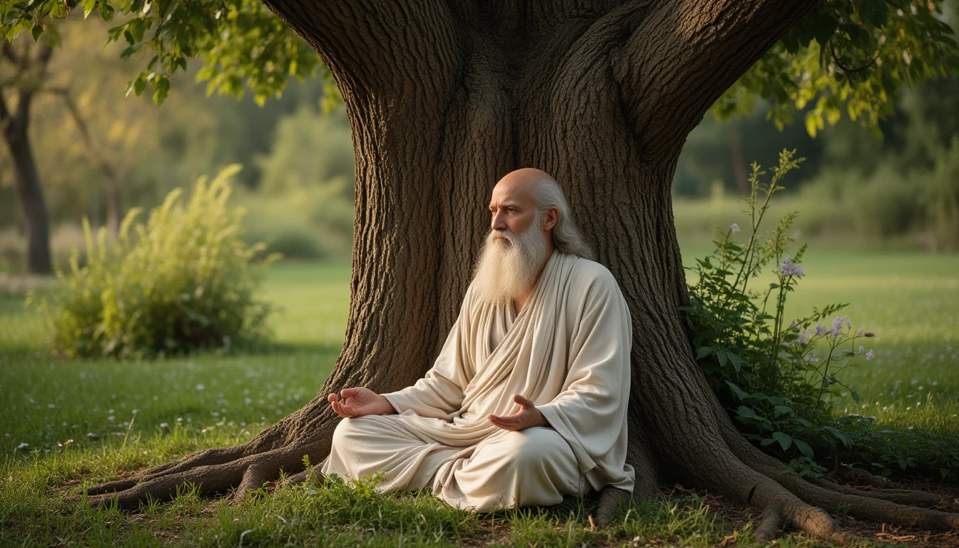 Illustration showing the historical roots of mindfulness, combining ancient philosophy and modern science influences