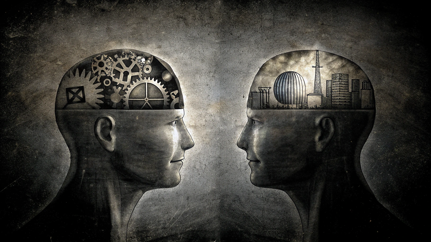 Illustration showing the contrast between the tribal brain connected to instinct and community and the industrial mind shaped by modern technology and progress